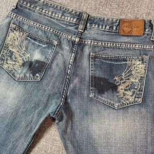Helix Jeans Men 36x30 Blue Bootcut Relaxed Cross Pockets Denim Distressed Stitch